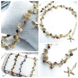 Bracelet de cheville Lola,, avec pierres naturelles, perle de verre et breloque en acier inoxydable étoile de mer