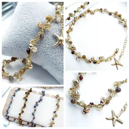 Bracelet de cheville Lola,, avec pierres naturelles, perle de verre et breloque en acier inoxydable étoile de mer