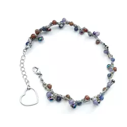 Bracelet de cheville Lola, artisanal, avec pierres naturelles, perle de verre et breloque coeur en acier inoxydable