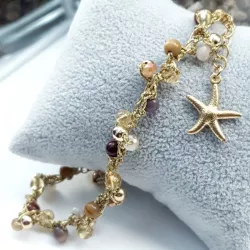 Bracelet de cheville Lola,, avec pierres naturelles, perle de verre et breloque en acier inoxydable étoile de mer