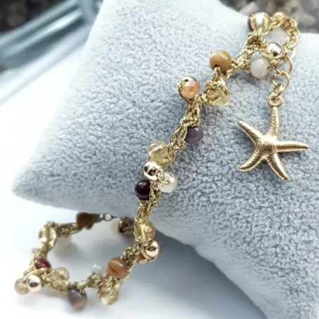 Bracelet de cheville Lola,, avec pierres naturelles, perle de verre et breloque en acier inoxydable étoile de mer