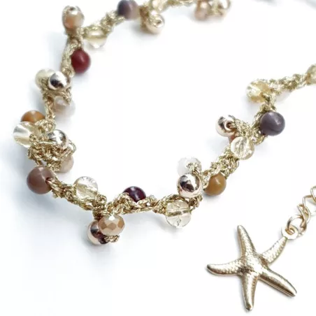 Bracelet de cheville Lola,, avec pierres naturelles, perle de verre et breloque en acier inoxydable étoile de mer