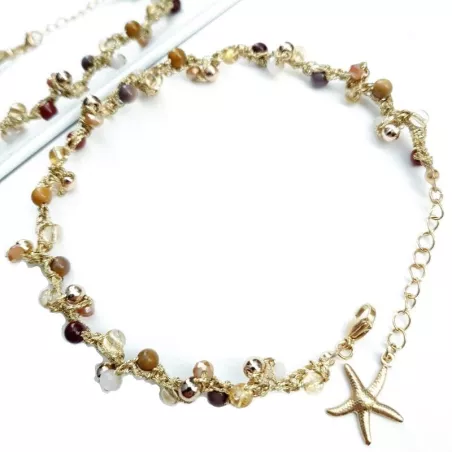 Bracelet de cheville Lola,, avec pierres naturelles, perle de verre et breloque en acier inoxydable étoile de mer
