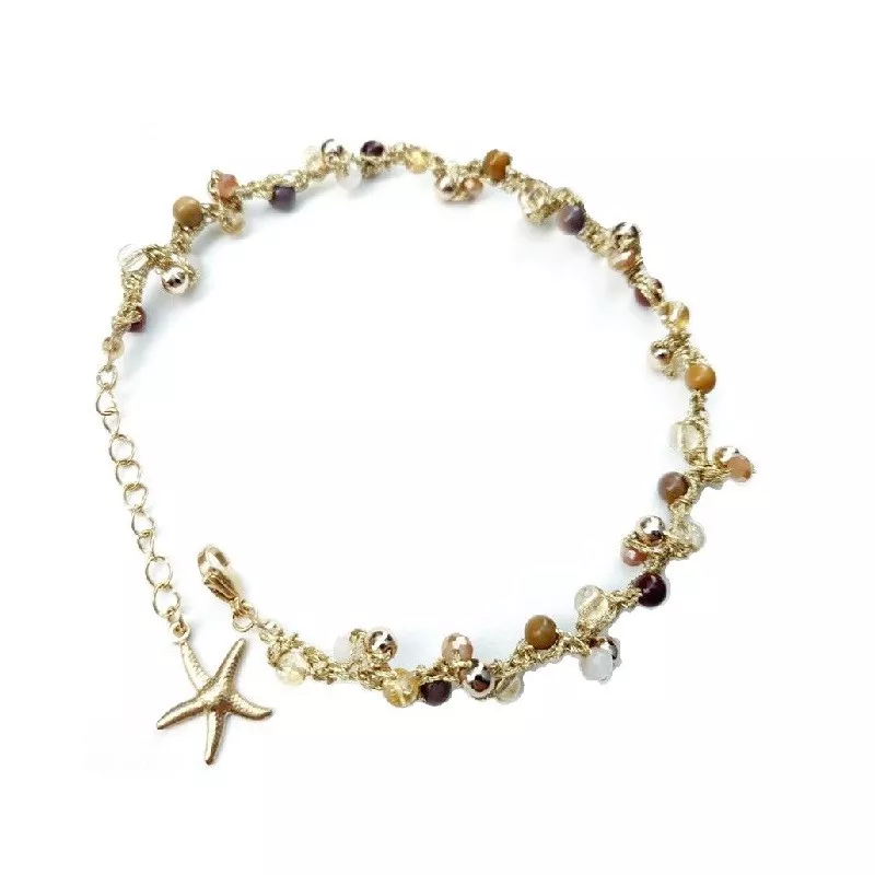 Bracelet de cheville Lola,, avec pierres naturelles, perle de verre et breloque en acier inoxydable étoile de mer