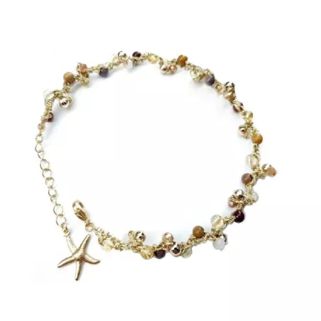 Bracelet de cheville Lola, artisanal, avec pierres naturelles, perle de verre et breloque en acier inoxydable étoile de mer