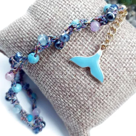 Bracelet de cheville Lola,, avec pierres naturelles, perle de verre et breloque en acier inoxydable queue de sirène