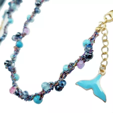 Bracelet de cheville Lola, artisanal, avec pierres naturelles, perle de verre et breloque en acier inoxydable queue de sirène