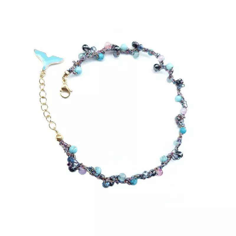 Bracelet de cheville Lola, artisanal, avec pierres naturelles, perle de verre et breloque en acier inoxydable queue de sirène