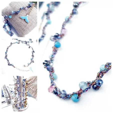 Bracelet de cheville Lola,, avec pierres naturelles, perle de verre et breloque en acier inoxydable queue de sirène