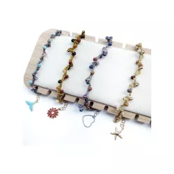 Bracelet de cheville Lola,, avec pierres naturelles, perle de verre et breloque en acier inoxydable