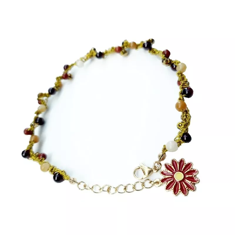 Bracelet de cheville Lola,, avec pierres naturelles, perle de verre et breloque en acier inoxydable fleur rouge