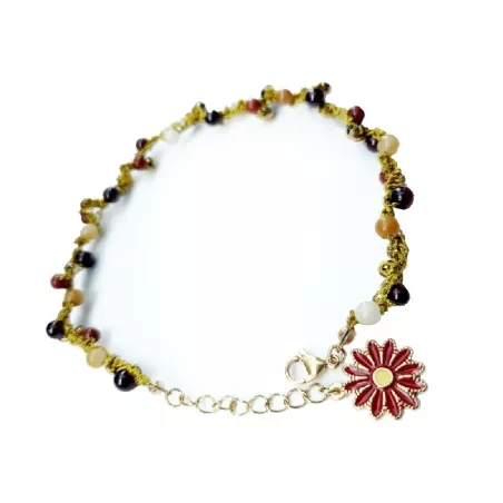 Bracelet de cheville Lola,, avec pierres naturelles, perle de verre et breloque en acier inoxydable fleur rouge