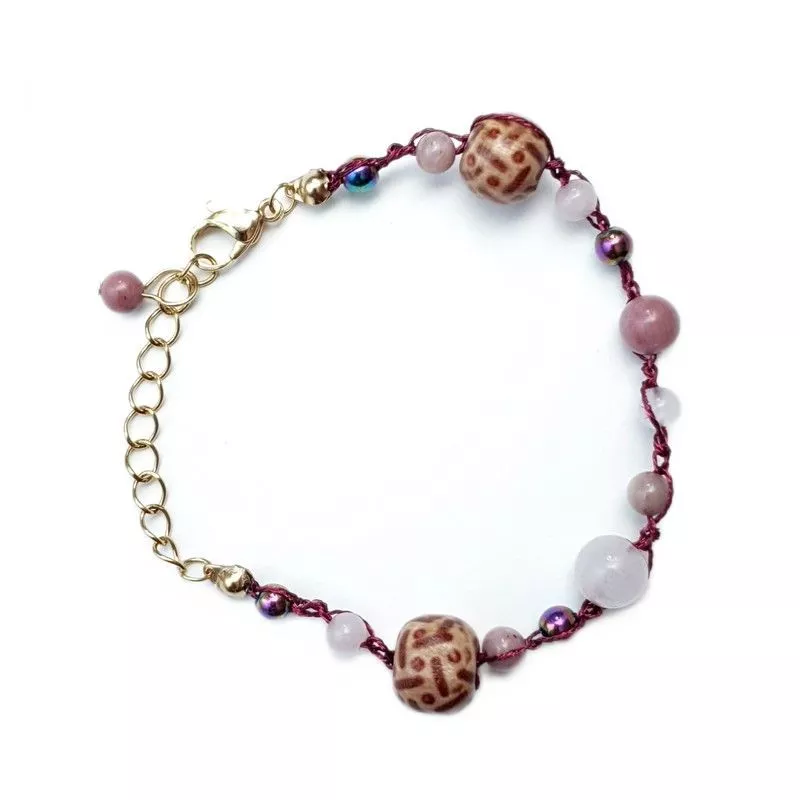 Bracelet crochet Setaria, réglable, pierres naturelles, perles de verre et bois, acier inoxydable doré