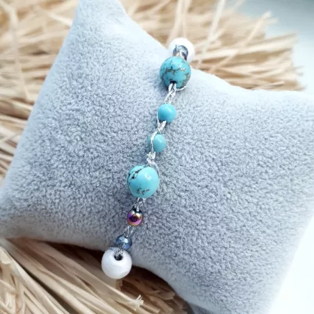 Bracelet crochet Setaria, réglable, pierres naturelles, perles de verre et bois, acier inoxydable argenté