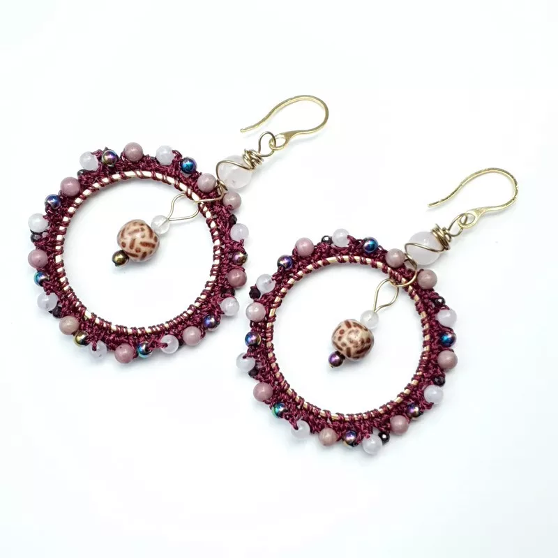 Boucles d'oreilles crochet Setaria en acier inoxydable doré quartz rose