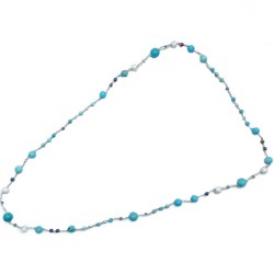 Collier crochet Setaria perle de verre, bois et pierres naturelles turquoise