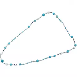 Collier crochet Setaria perle de verre, bois et pierres naturelles turquoise