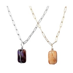 Collier Sierra en acier inoxydable doré ou argenté et une pierre naturelle agate en pendentif