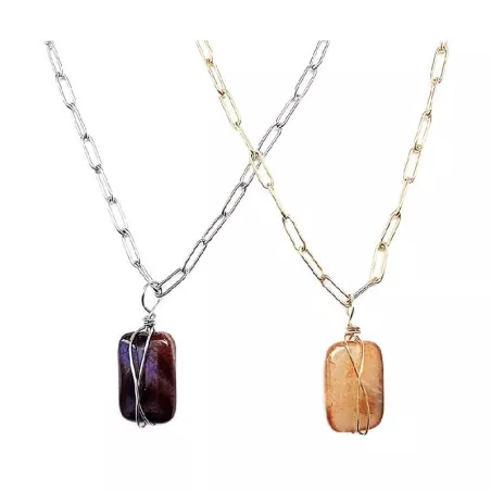 Collier Sierra en acier inoxydable doré ou argenté et une pierre naturelle agate en pendentif