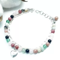 Le Bracelet Mimi, en argent, un bracelet chakra double rang avec pierres naturelles et coeur en argent