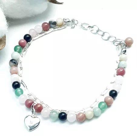 Le Bracelet Mimi, en argent, un bracelet chakra double rang avec pierres naturelles et coeur en argent