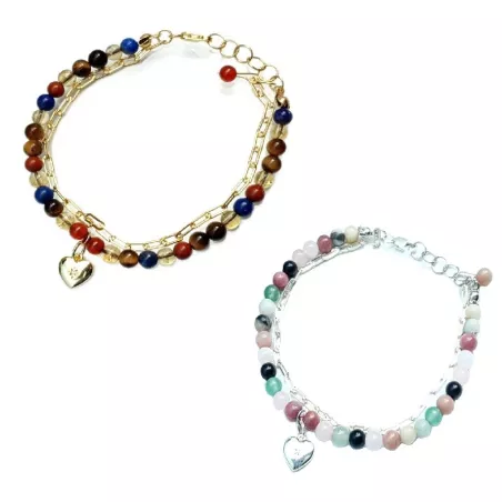 Le Bracelet Mimi, en argent ou plaqué-or, un bracelet chakra double rang avec pierres naturelles et coeur