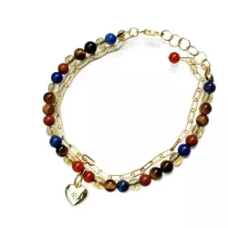 Le Bracelet Mimi, en argent, un bracelet chakra double rang avec pierres naturelles et coeur en plaqué or