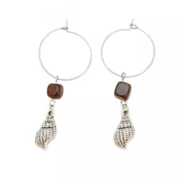 Boucles d'oreilles Volga en acier inoxydable argenté avec pierres d’agate naturelle et pendentif coquillage