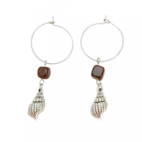 Boucles d'oreilles Volga en acier inoxydable argenté avec pierres d’agate naturelle et pendentif coquillage