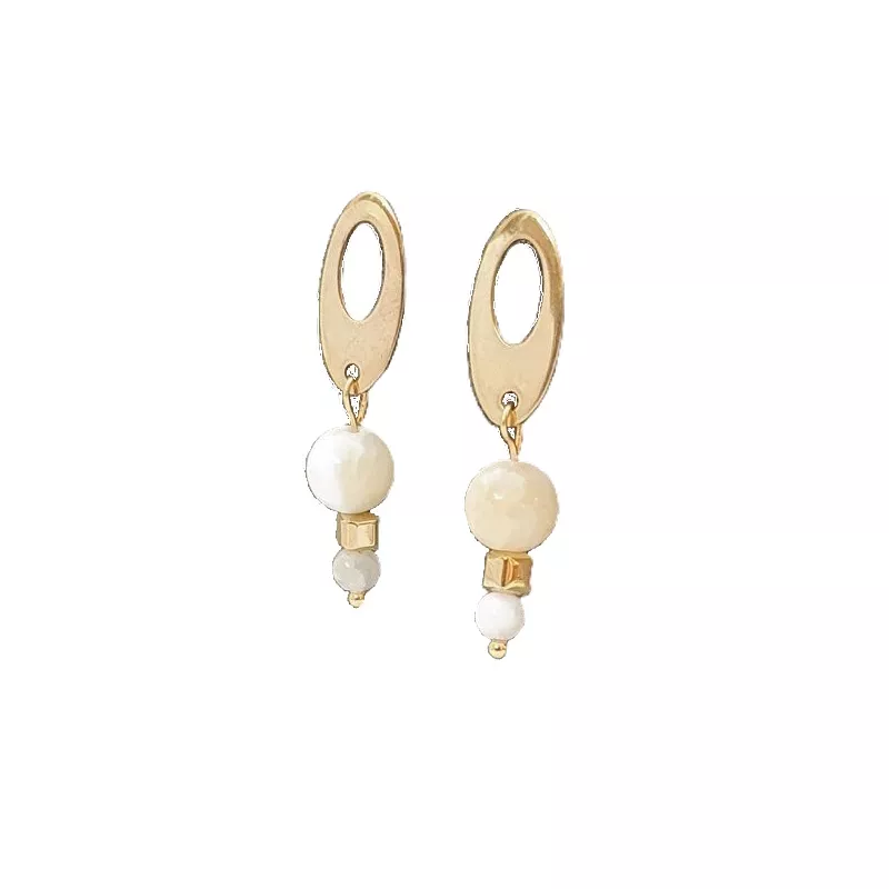 Boucles d’oreilles Lys en acier inoxydable avec pendants en calcédoine blanche/beige