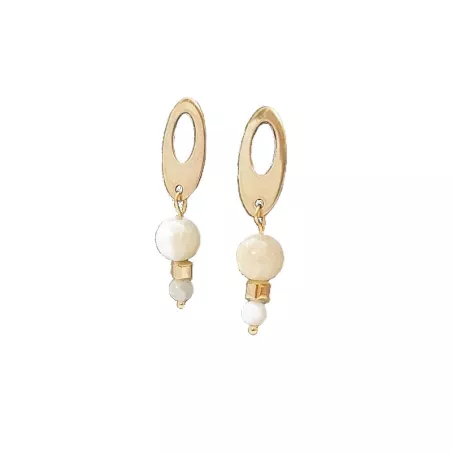 Boucles d’oreilles Lys en acier inoxydable avec pendants en calcédoine blanche/beige