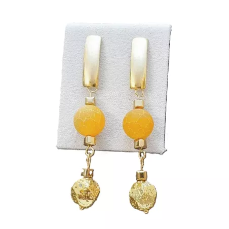 Boucles d’oreilles Orion en acier inoxydable avec agates fissurées et hématites dorées