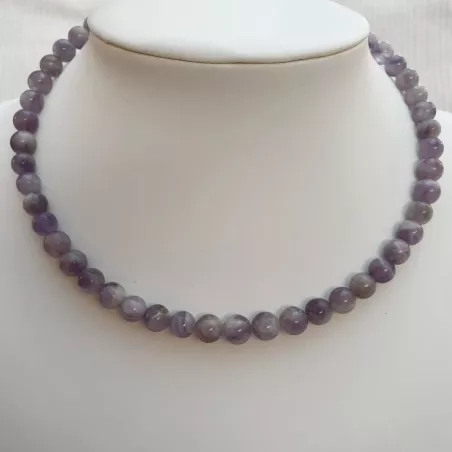Collier tour de cou en améthyste, perles rondes 8mm sur câble en acier inoxydable – Bouly&Cailloux