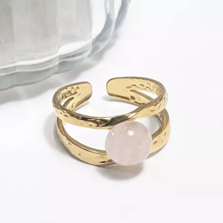 Bague Vibe réglable en acier inoxydable doré et pierre naturelle – Bijou fait main