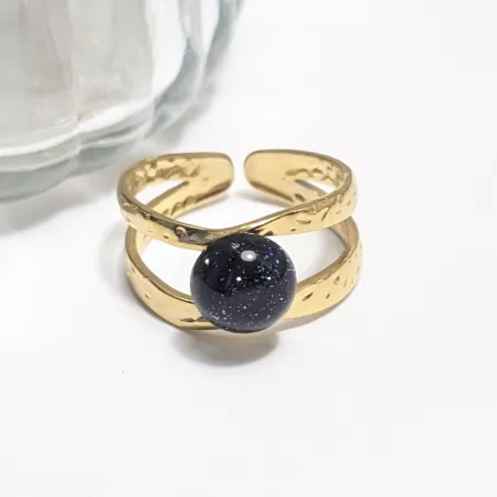 Bague Vibe réglable en acier inoxydable doré et pierre naturelle – Bijou fait main