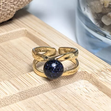 Bague Vibe réglable en acier inoxydable doré et pierre naturelle – Bijou fait main