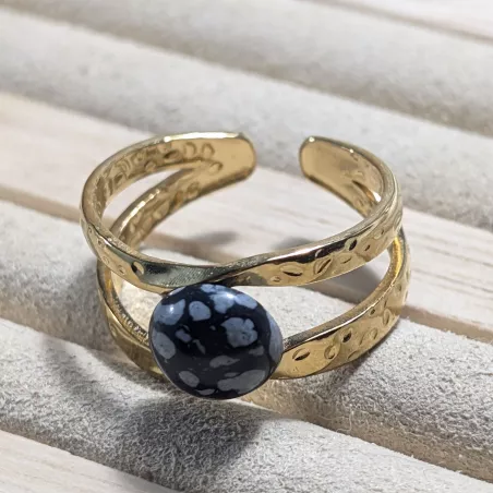 Bague Vibe réglable en acier inoxydable doré et pierre naturelle – Bijou fait main