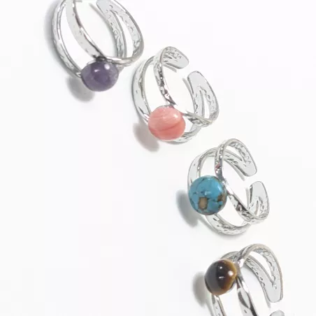 Bague Vibe réglable en acier inoxydable argenté et pierre naturelle – Bijou fait main