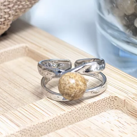 Bague Vibe réglable en acier inoxydable argenté et pierre naturelle – Bijou fait main
