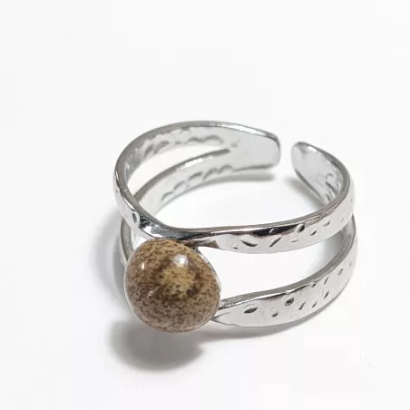 Bague Vibe réglable en acier inoxydable argenté et pierre naturelle – Bijou fait main