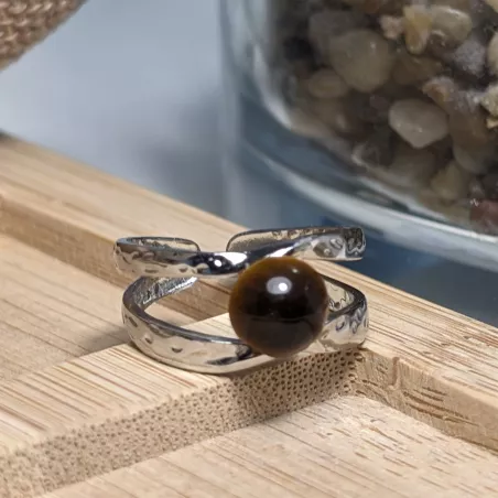 Bague Vibe réglable en acier inoxydable argenté et pierre naturelle – Bijou fait main
