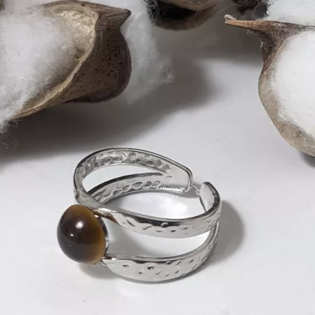 Bague Vibe réglable en acier inoxydable argenté et pierre naturelle – Bijou fait main
