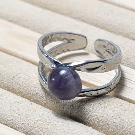Bague Vibe réglable en acier inoxydable argenté et pierre naturelle – Bijou fait main