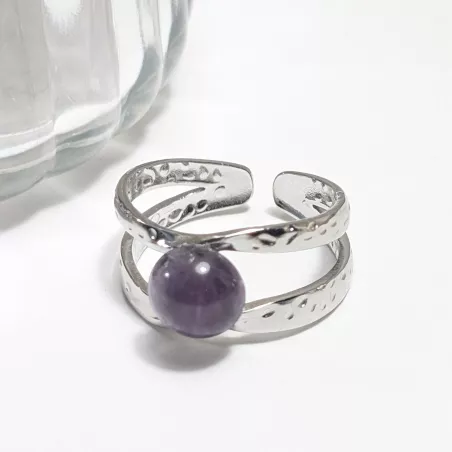 Bague Vibe réglable en acier inoxydable argenté et pierre naturelle – Bijou fait main
