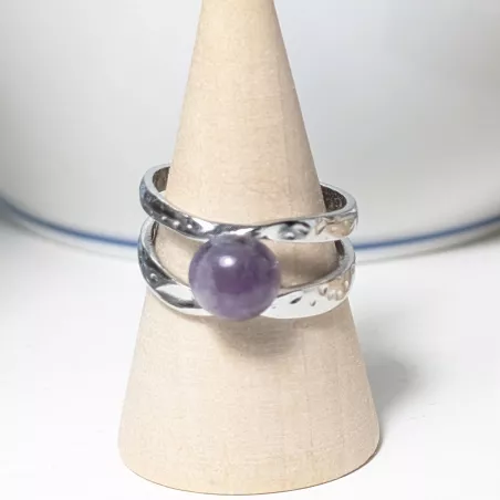 Bague Vibe réglable en acier inoxydable argenté et pierre naturelle – Bijou fait main