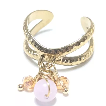 Bague Omega dorée avec pendentifs en pierres naturelles et perles de verre, style bohème