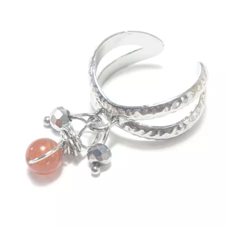 Bague Omega argentée avec pendentifs en pierres naturelles et perles de verre, style bohème