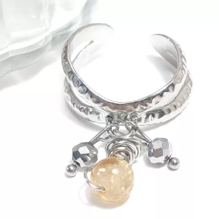 Bague Omega argentée avec pendentifs en pierres naturelles et perles de verre, style bohème