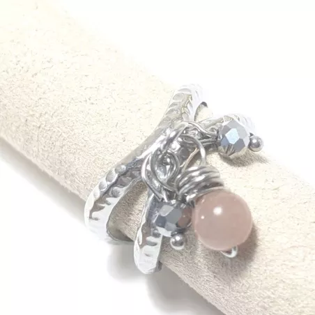 Bague Omega argentée avec pendentifs en pierres naturelles et perles de verre, style bohème