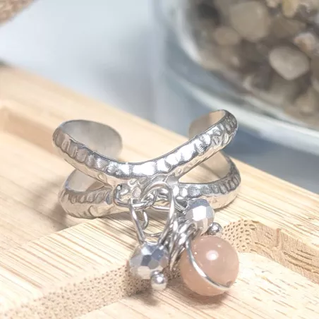 Bague Omega argentée avec pendentifs en pierres naturelles et perles de verre, style bohème